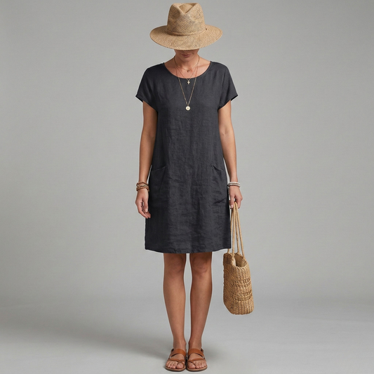 Women's short dress made of linen with short sleeves and pockets