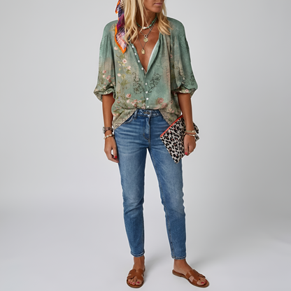 Damenbluse mit Blumenmuster, langen Ärmeln und Knopfleiste