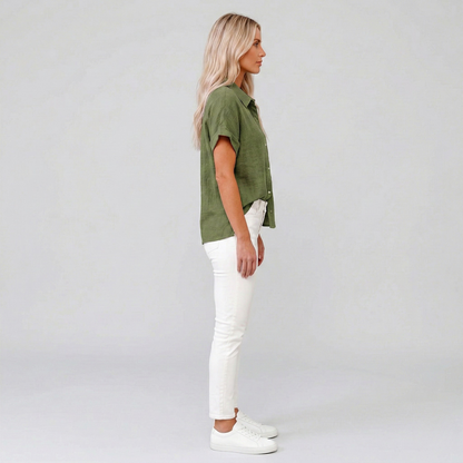 Damenbluse aus Leinen mit kurzen Ärmeln und Knopfleiste