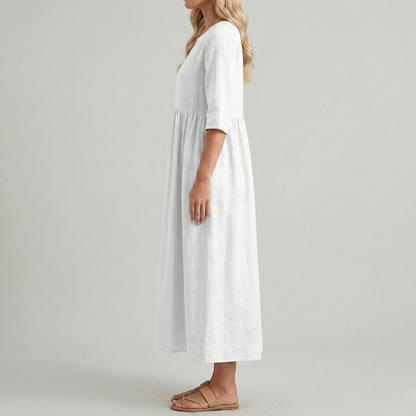 Women's Linen Midi Dress with Empire Cut Half Sleeves Round Neck and Side Pockets Calf-Length A-Line Cut