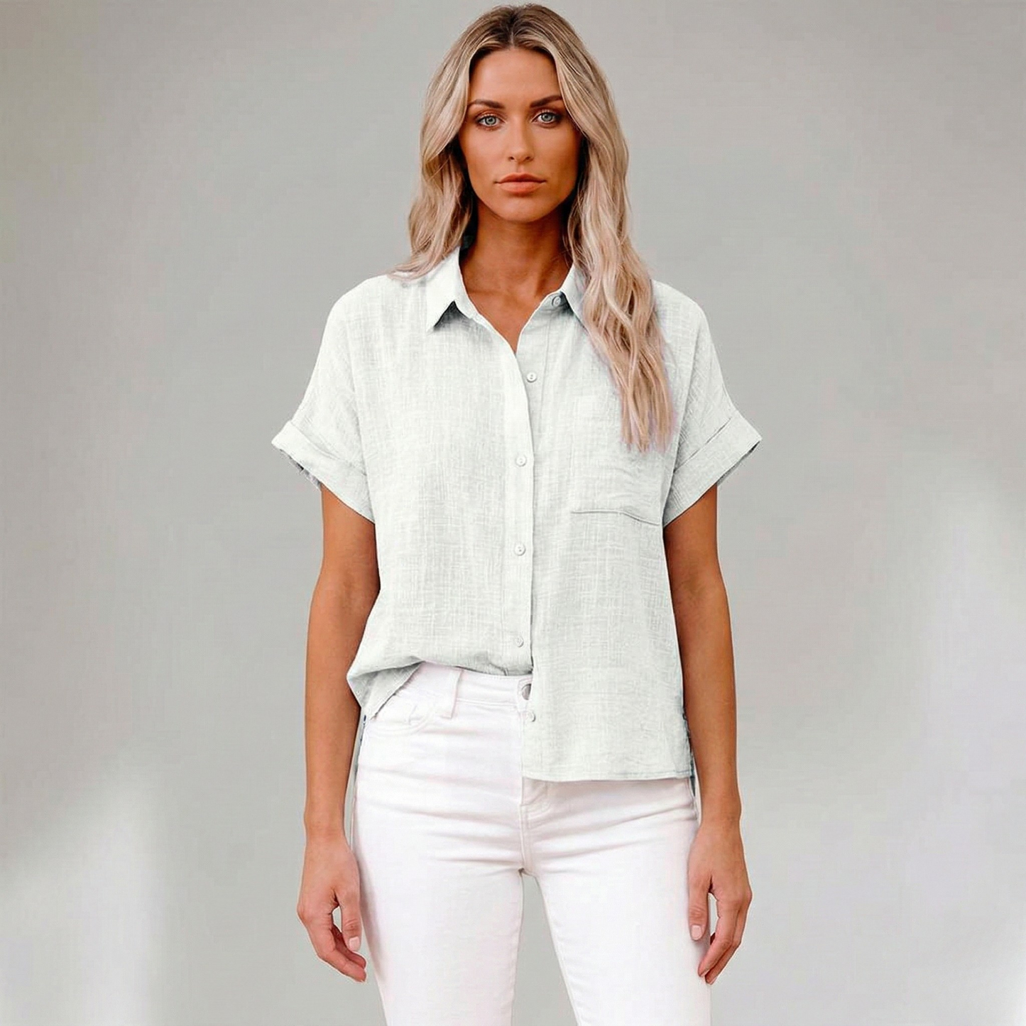 Damenbluse aus Leinen mit kurzen Ärmeln und Knopfleiste