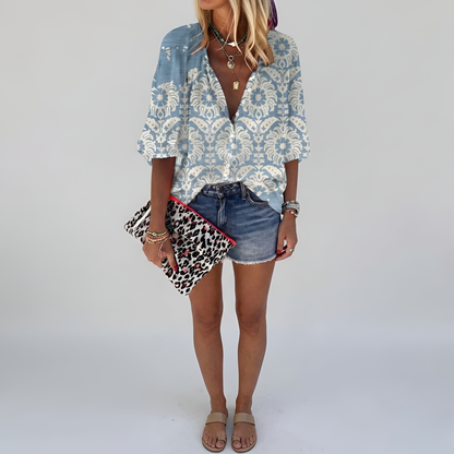 Damenbluse mit Blumenmuster, langen Ärmeln und Knopfleiste