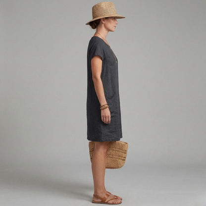 Damenkleid kurz aus Leinen mit kurzen Ärmeln und Taschen