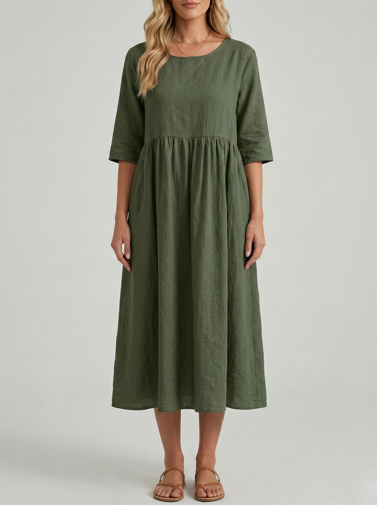 Women's Linen Midi Dress with Empire Cut Half Sleeves Round Neck and Side Pockets Calf-Length A-Line Cut
