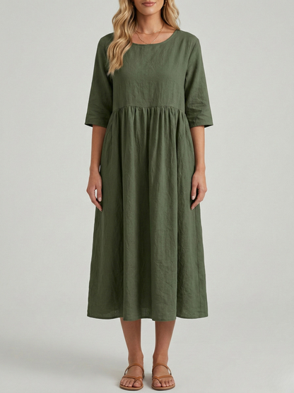 Women's Linen Midi Dress with Empire Cut Half Sleeves Round Neck and Side Pockets Calf-Length A-Line Cut