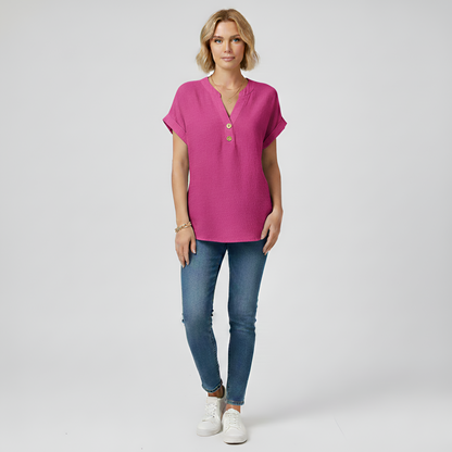 Damenbluse aus Baumwolle mit V-Ausschnitt und kurzen Ärmeln
