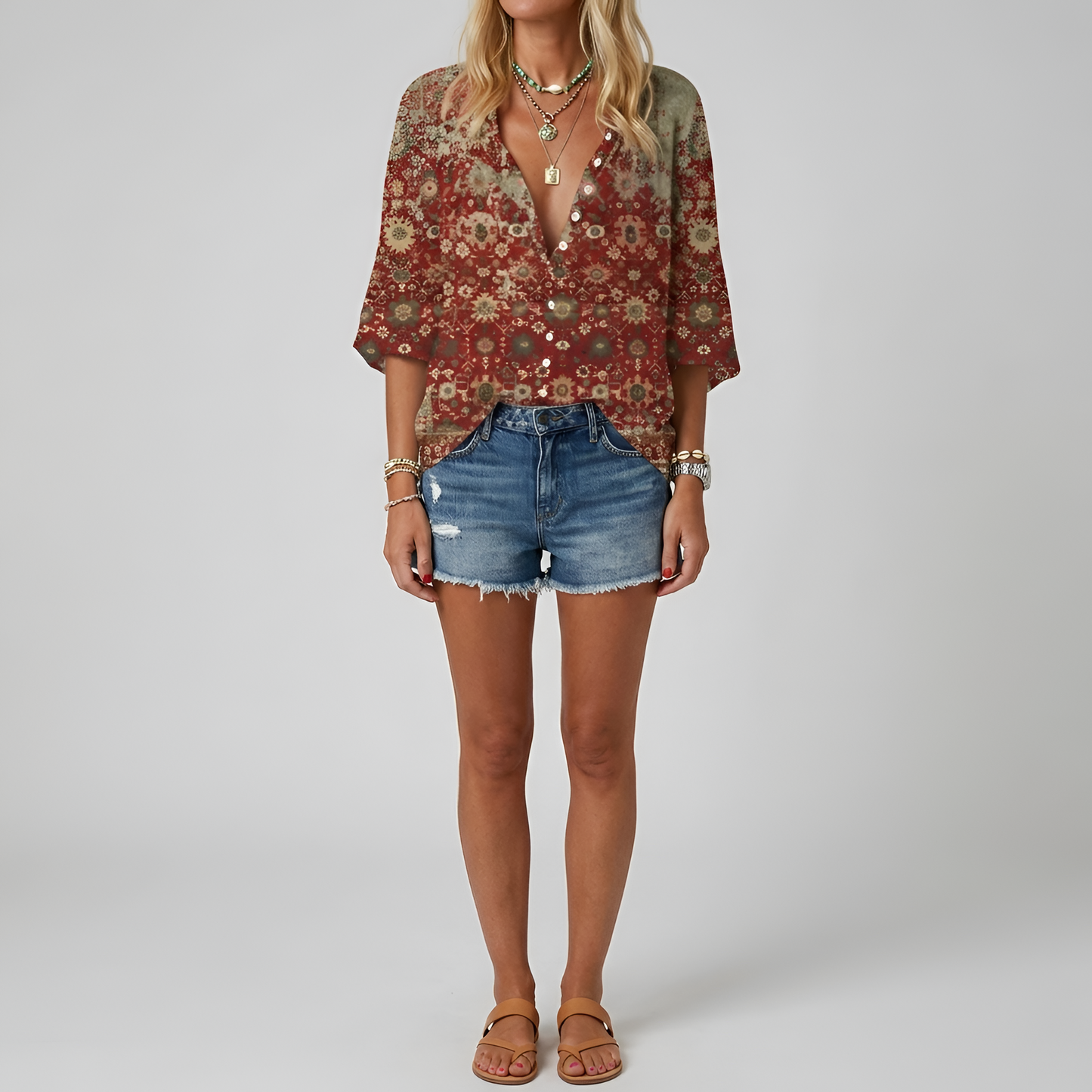 Damenbluse mit Blumenmuster, langen Ärmeln und Knopfleiste