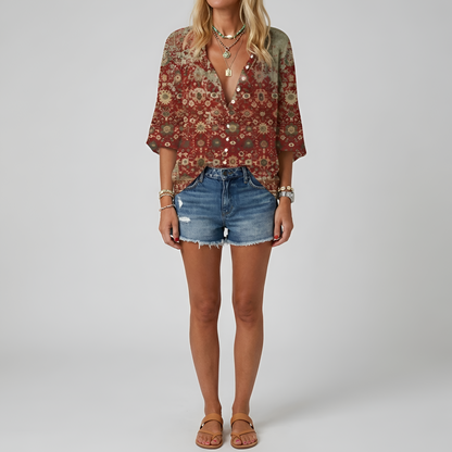 Damenbluse mit Blumenmuster, langen Ärmeln und Knopfleiste