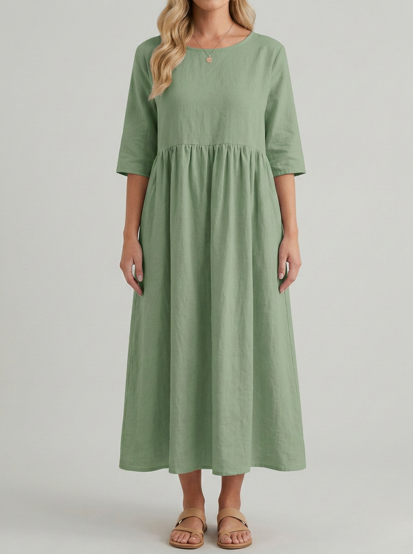 Women's Linen Midi Dress with Empire Cut Half Sleeves Round Neck and Side Pockets Calf-Length A-Line Cut