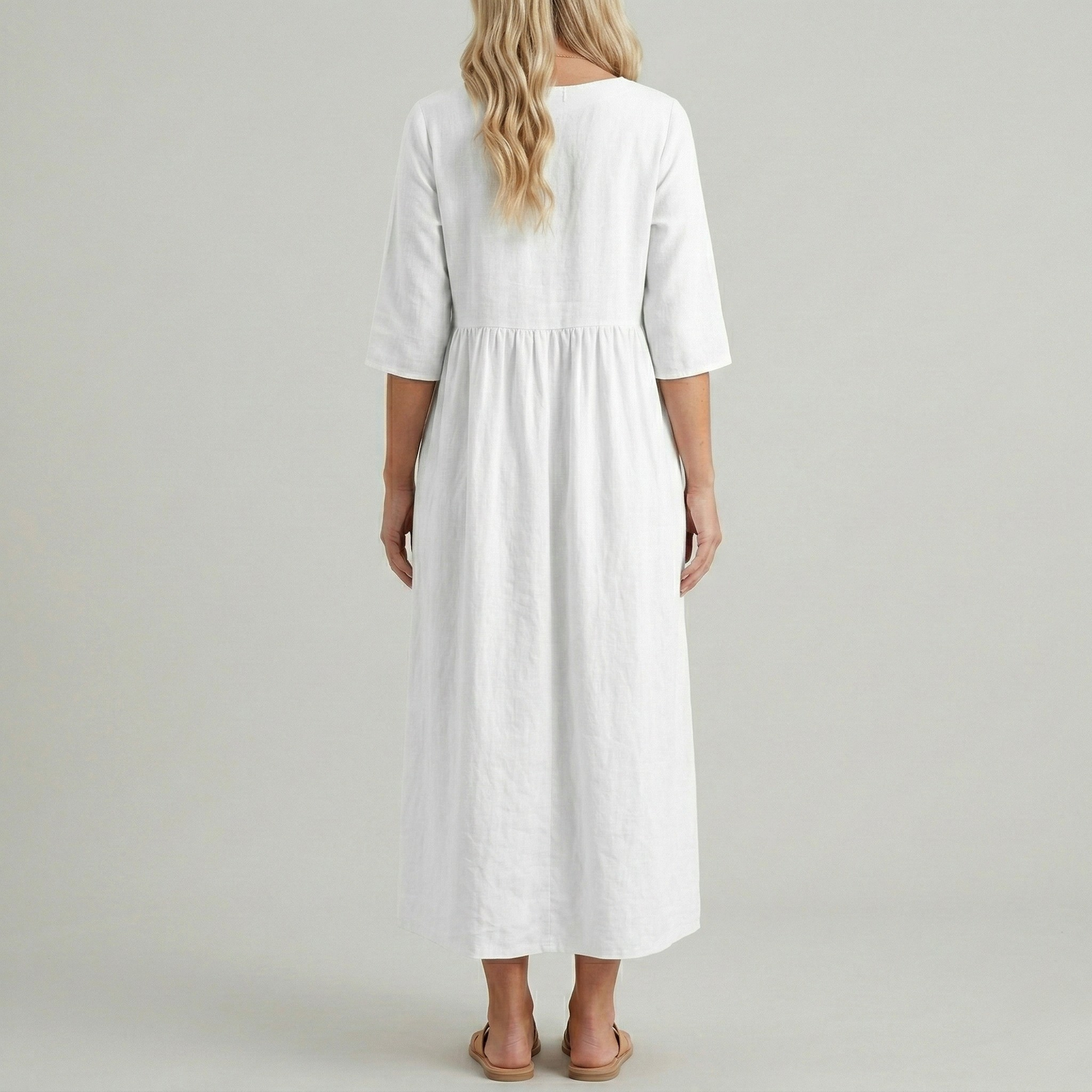 Women's Linen Midi Dress with Empire Cut Half Sleeves Round Neck and Side Pockets Calf-Length A-Line Cut