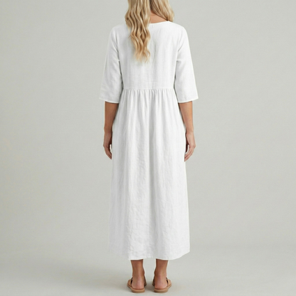 Women's Linen Midi Dress with Empire Cut Half Sleeves Round Neck and Side Pockets Calf-Length A-Line Cut
