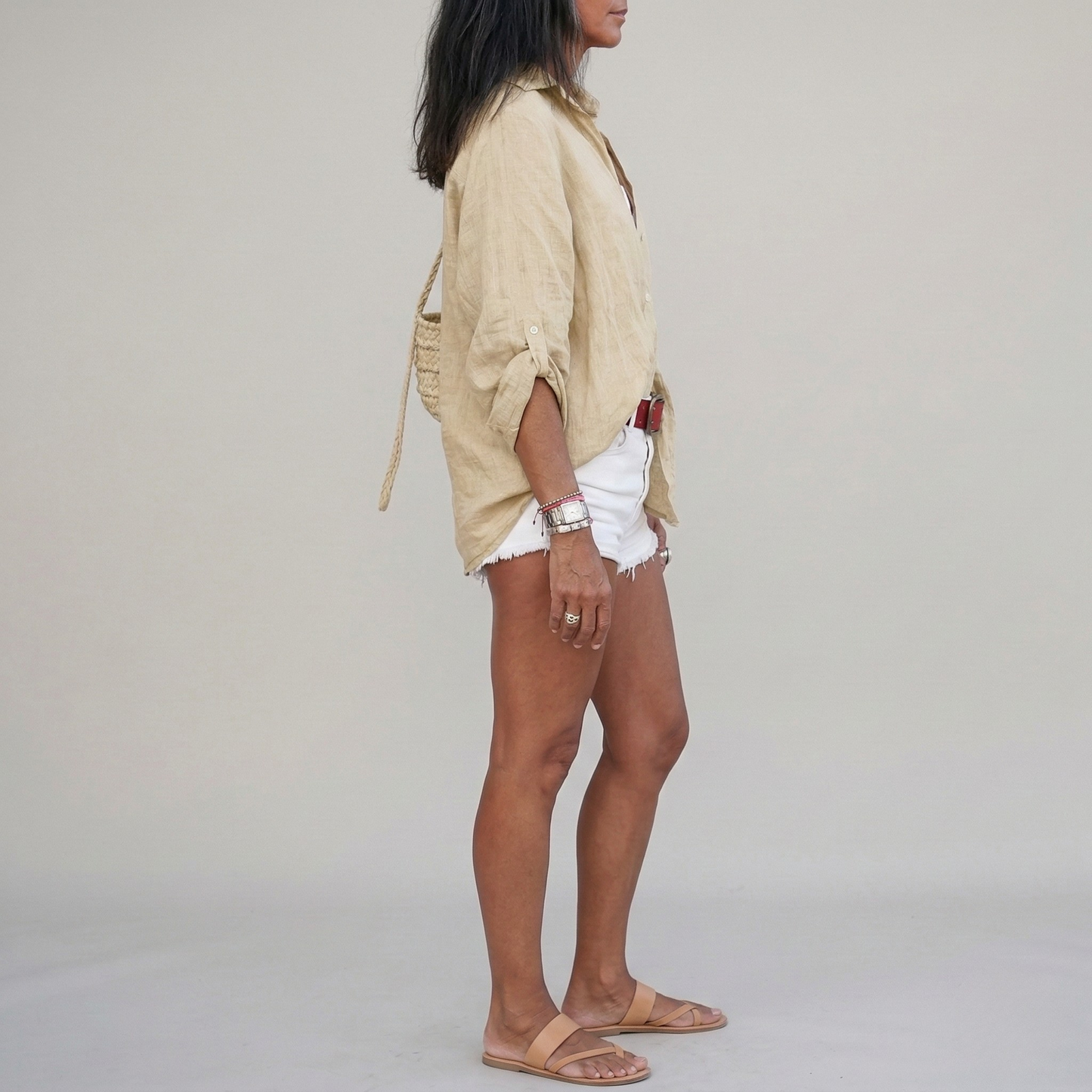 Damen-Leinenbluse mit langen Ärmeln, Knopfleiste und Oversize-Passform