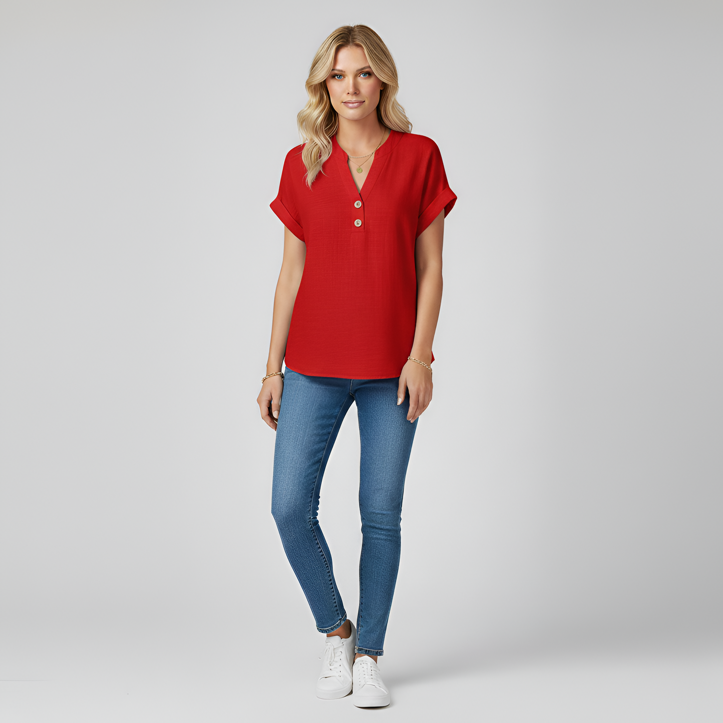 Damenbluse aus Baumwolle mit V-Ausschnitt und kurzen Ärmeln