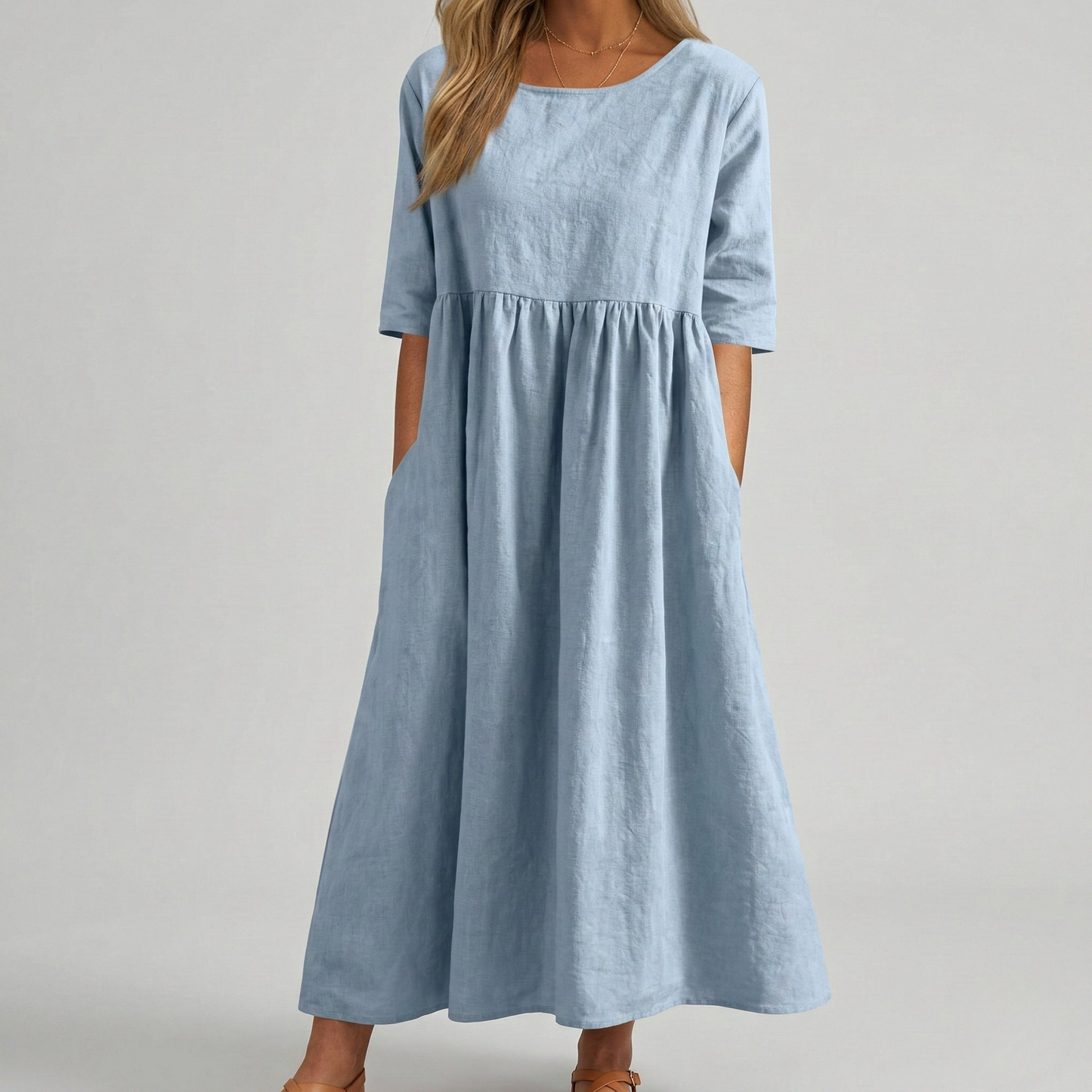 Women's Linen Midi Dress with Empire Cut Half Sleeves Round Neck and Side Pockets Calf-Length A-Line Cut