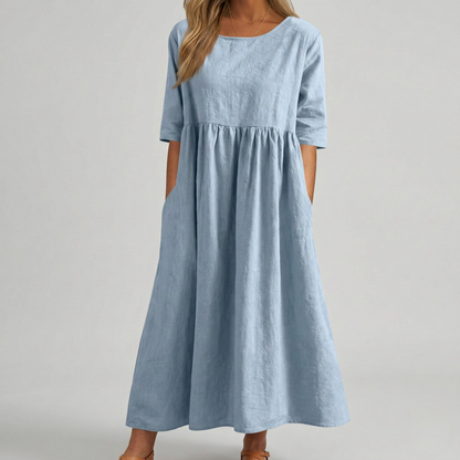 Women's Linen Midi Dress with Empire Cut Half Sleeves Round Neck and Side Pockets Calf-Length A-Line Cut