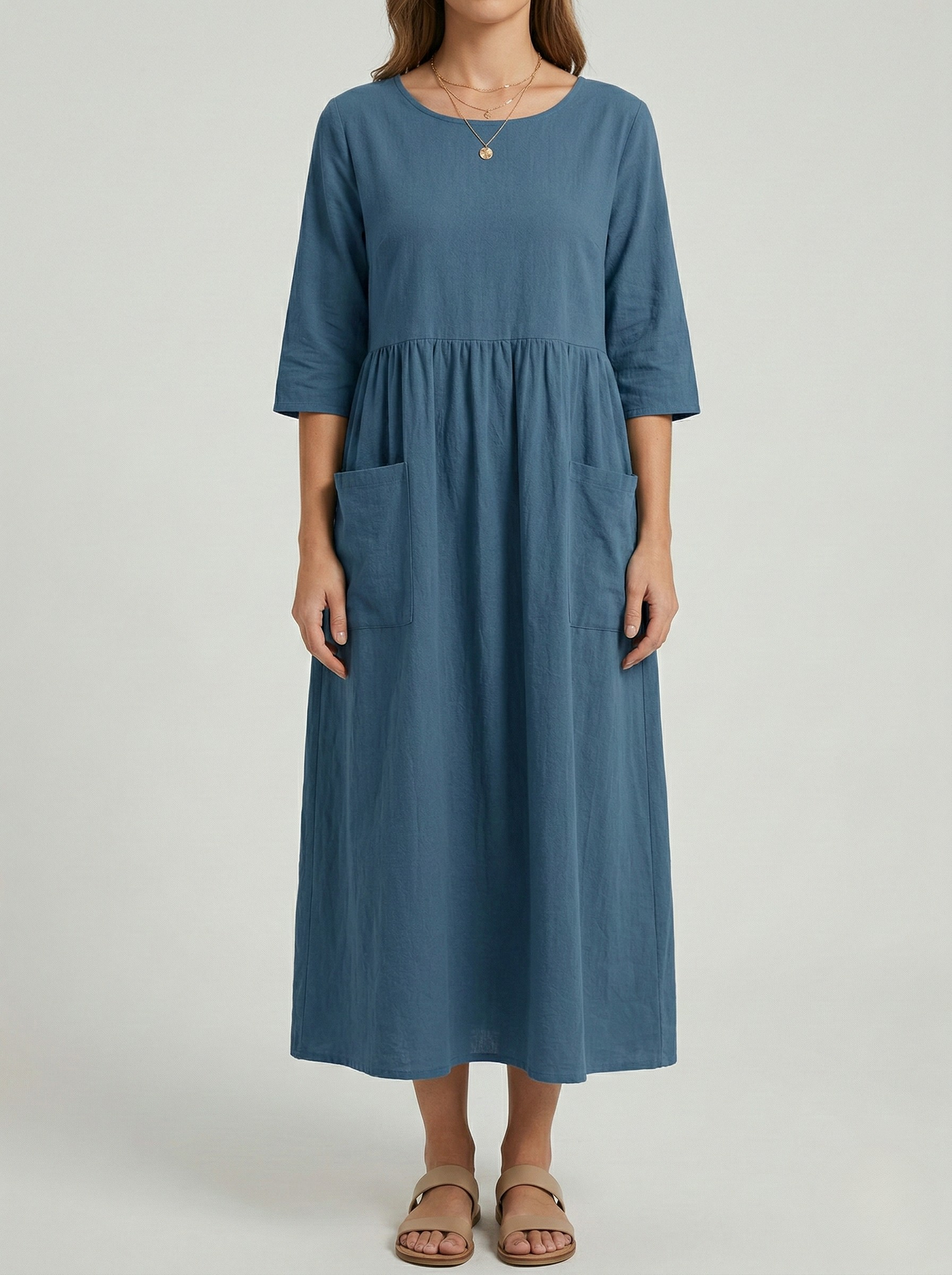 Women's Linen Midi Dress with Empire Cut Half Sleeves Round Neck and Side Pockets Calf-Length A-Line Cut