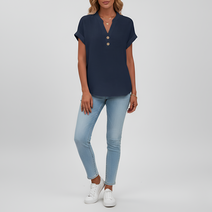 Damenbluse aus Baumwolle mit V-Ausschnitt und kurzen Ärmeln