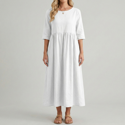 Women's Linen Midi Dress with Empire Cut Half Sleeves Round Neck and Side Pockets Calf-Length A-Line Cut