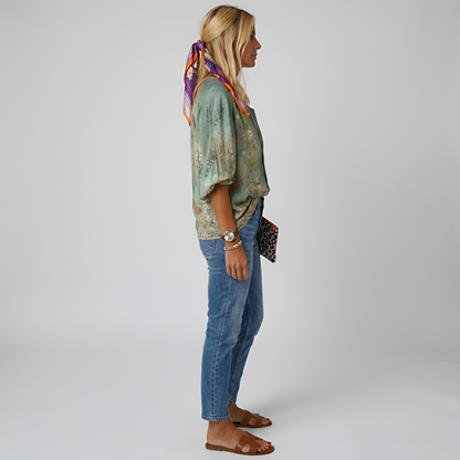 Damenbluse mit Blumenmuster, langen Ärmeln und Knopfleiste