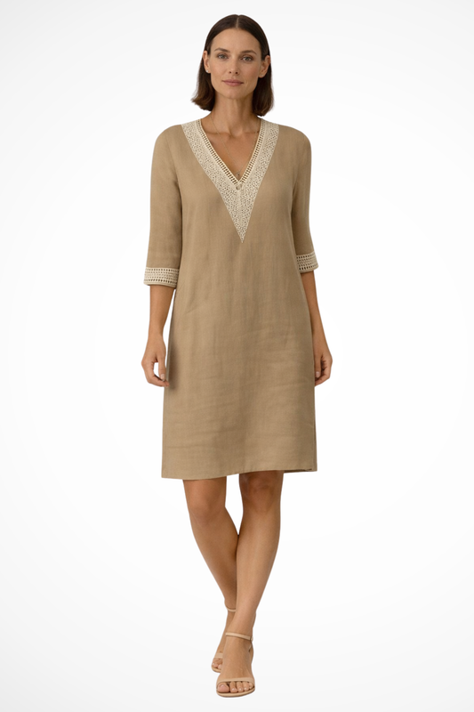 Damen Leinen Midikleid mit V Ausschnitt und Häkelspitze 3/4 Ärmel im Lockeren Tunika Schnitt