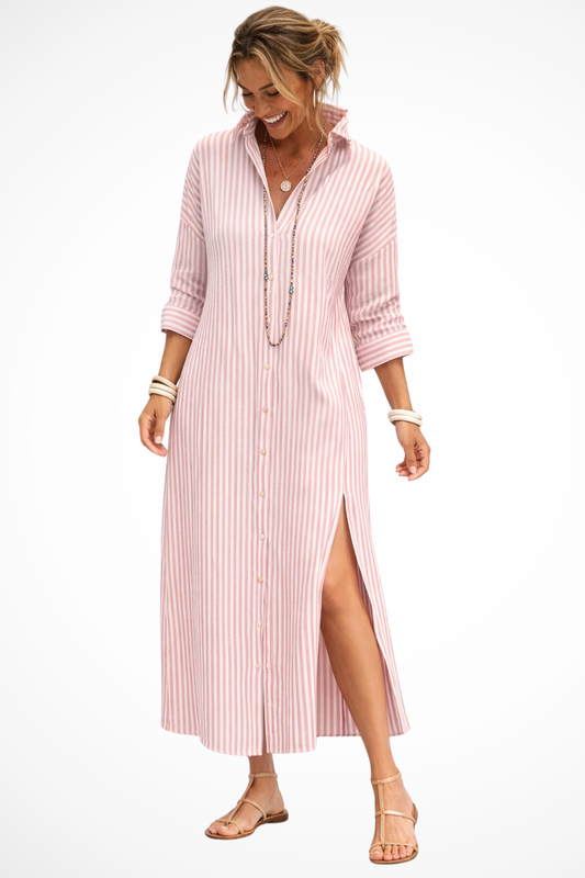 Women's Midi Shirt Dress with Striped Pattern
