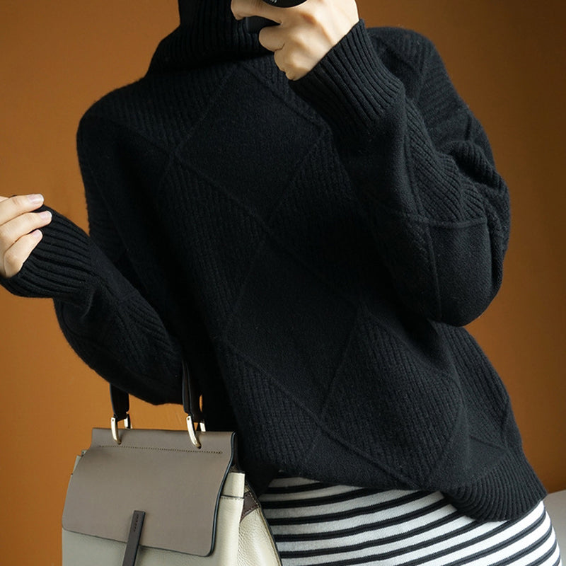 Damen Rollkragenpullover mit geometrischem Muster aus Wolle und Elasthan