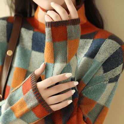 Damen Rollkragenpullover aus Kaschmir mit Patchwork-Strick