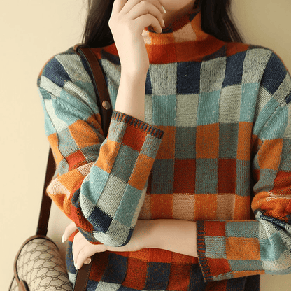 Damen Rollkragenpullover aus Kaschmir mit Patchwork-Strick
