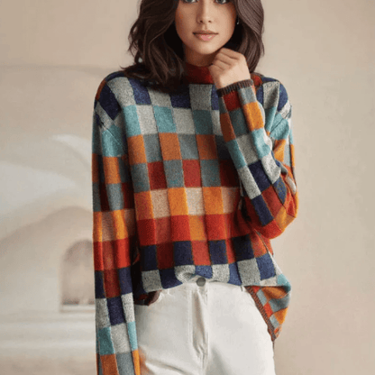 Damen Rollkragenpullover aus Kaschmir mit Patchwork-Strick