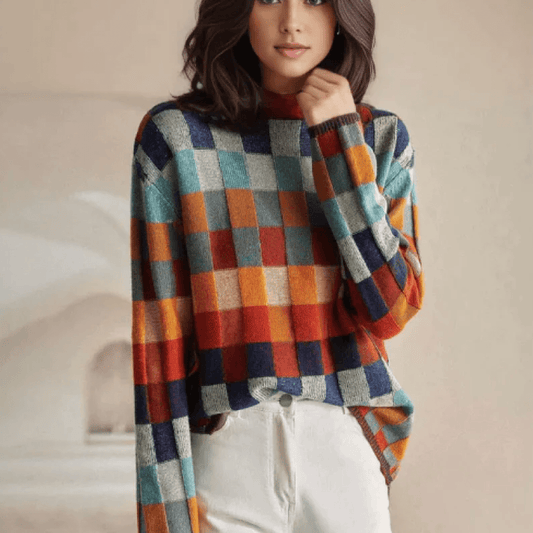 Damen Rollkragenpullover aus Kaschmir mit Patchwork-Strick