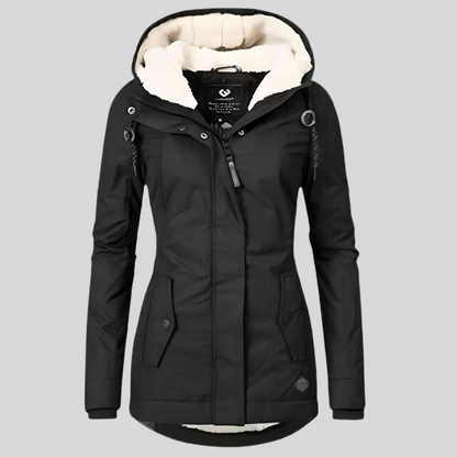 Lange Damen-Winterjacke mit Kapuze und Innenfutter wasserabweisend