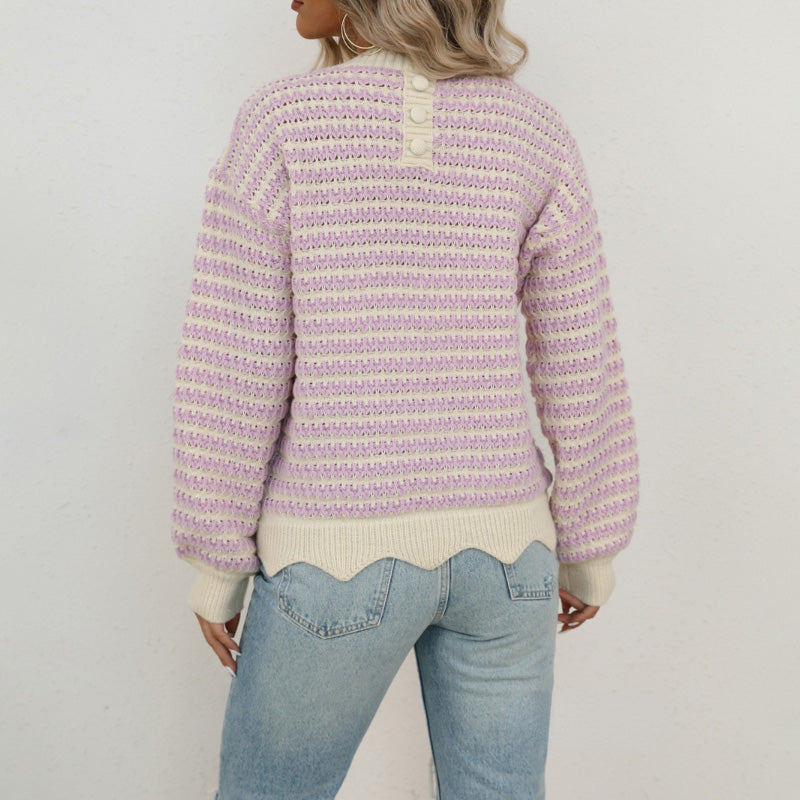 Damen Strickpullover aus Baumwollmischung mit Streifenmuster und Knopfleiste hinten