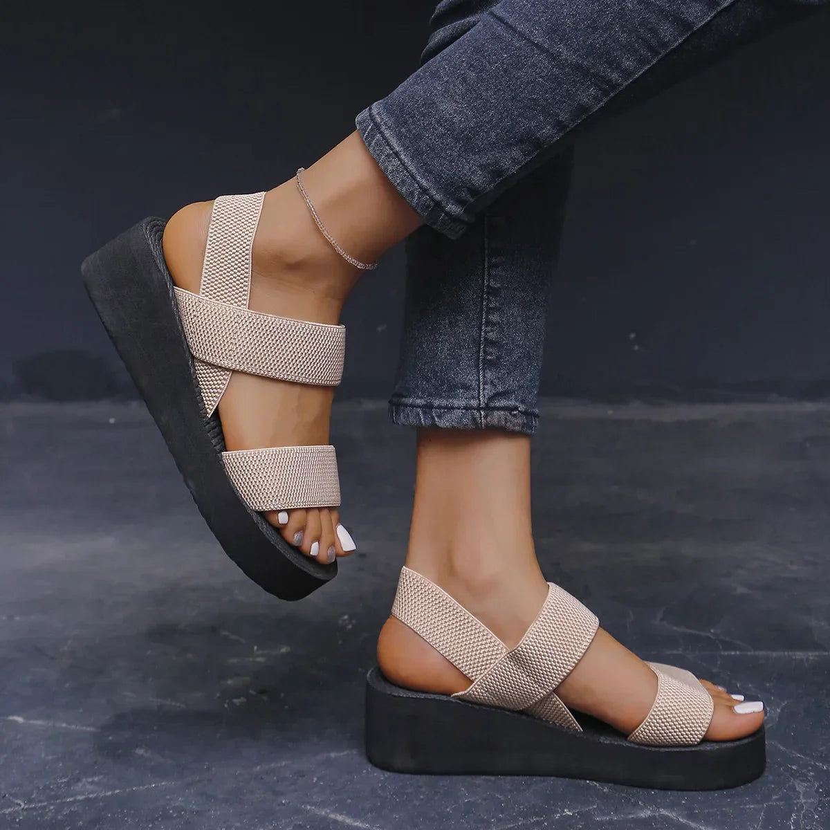 Women's Platform Sandals with Elastic Straps Wedge Heel Slingback Open Design Summer