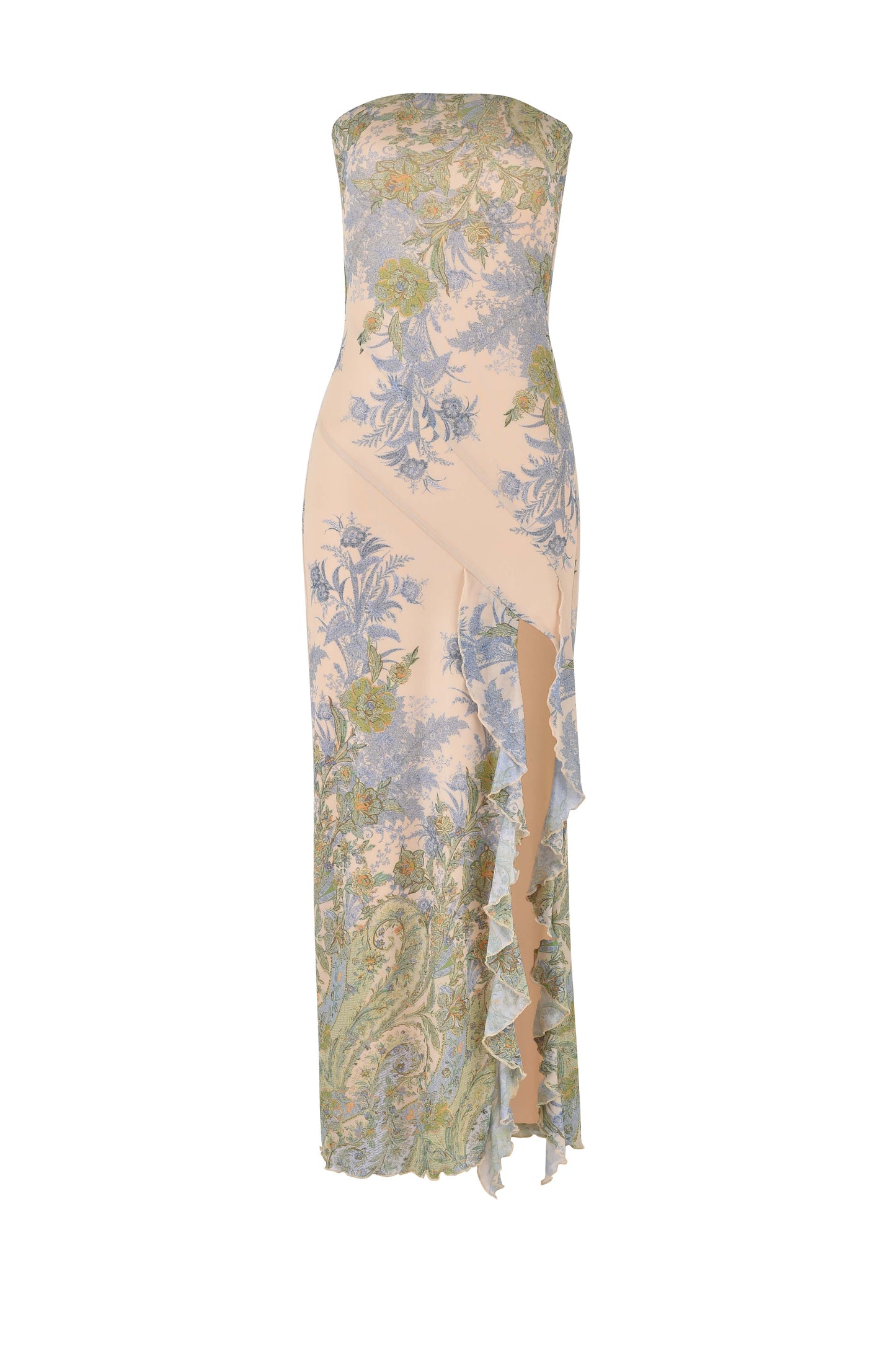 Damen-Maxikleid trägerlos mit Blumenmuster und seitlichem Schlitz
