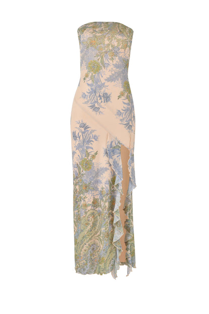 Damen-Maxikleid trägerlos mit Blumenmuster und seitlichem Schlitz