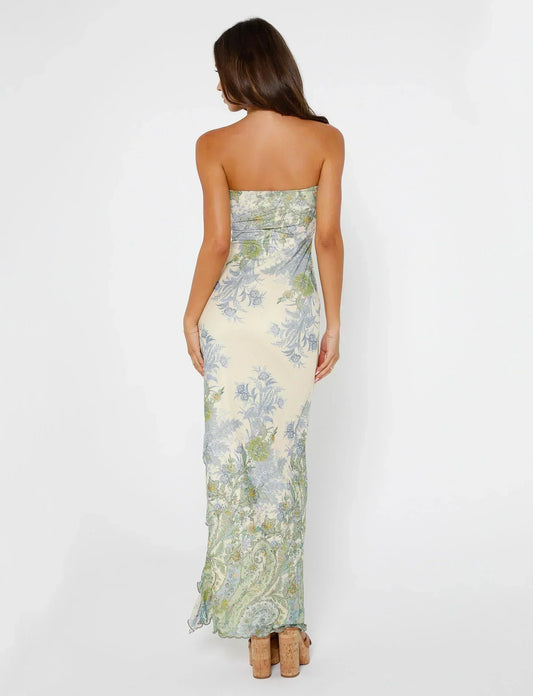 Damen-Maxikleid trägerlos mit Blumenmuster und seitlichem Schlitz