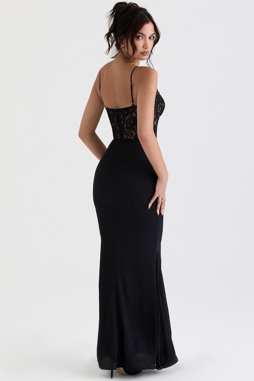 Damen-Abendkleid bodenlang mit Spitzenoberteil und Spaghettiträgern
