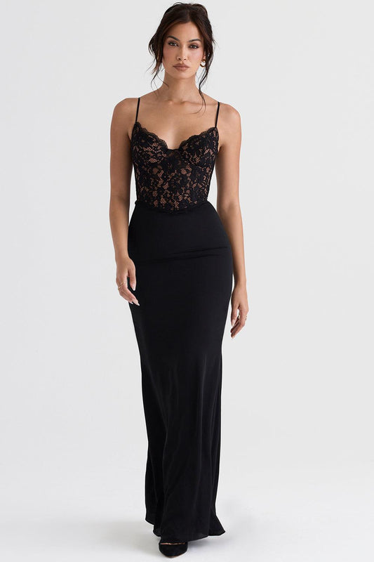 Damen-Abendkleid bodenlang mit Spitzenoberteil und Spaghettiträgern