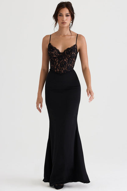 Damen-Abendkleid bodenlang mit Spitzenoberteil und Spaghettiträgern