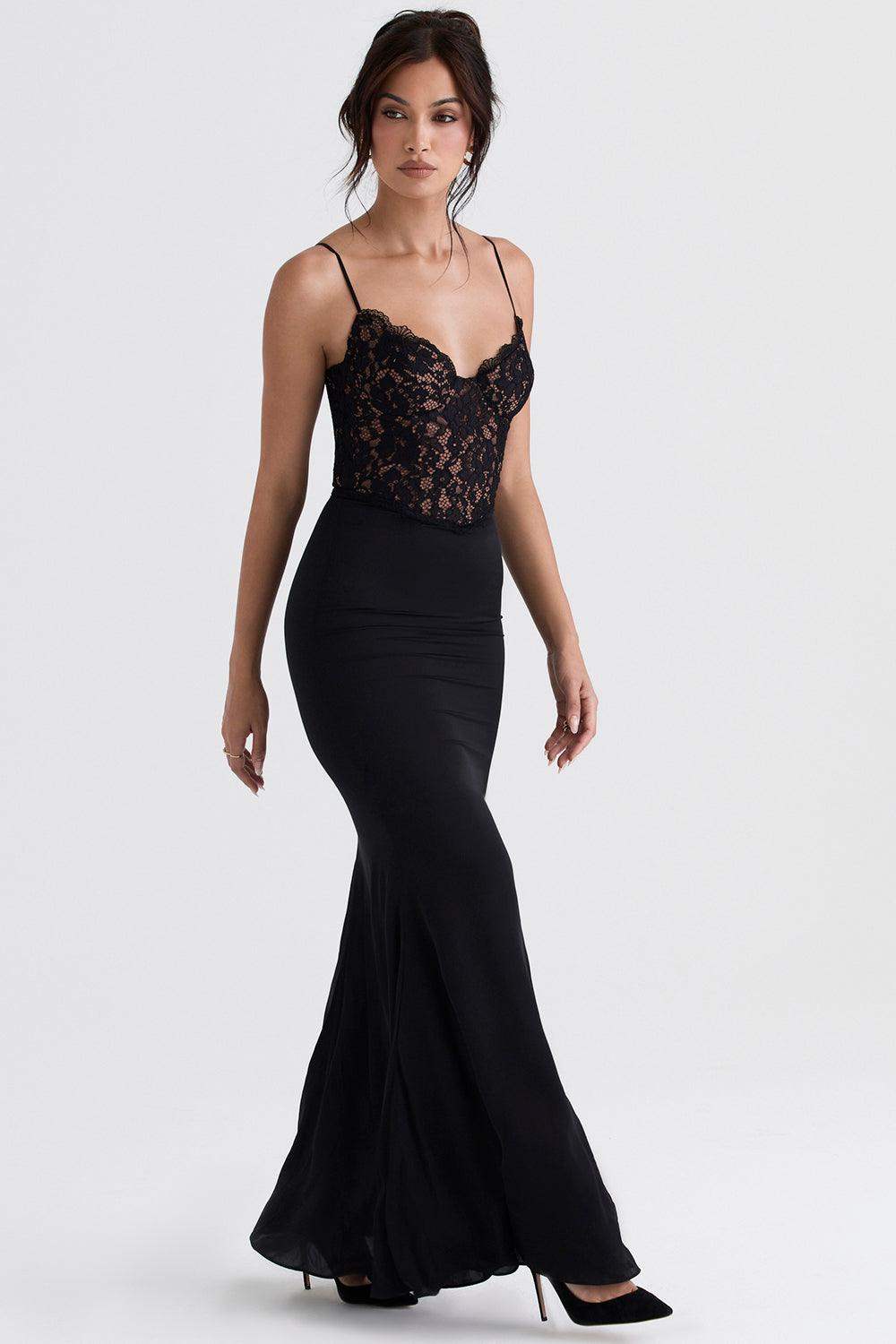 Damen-Abendkleid bodenlang mit Spitzenoberteil und Spaghettiträgern