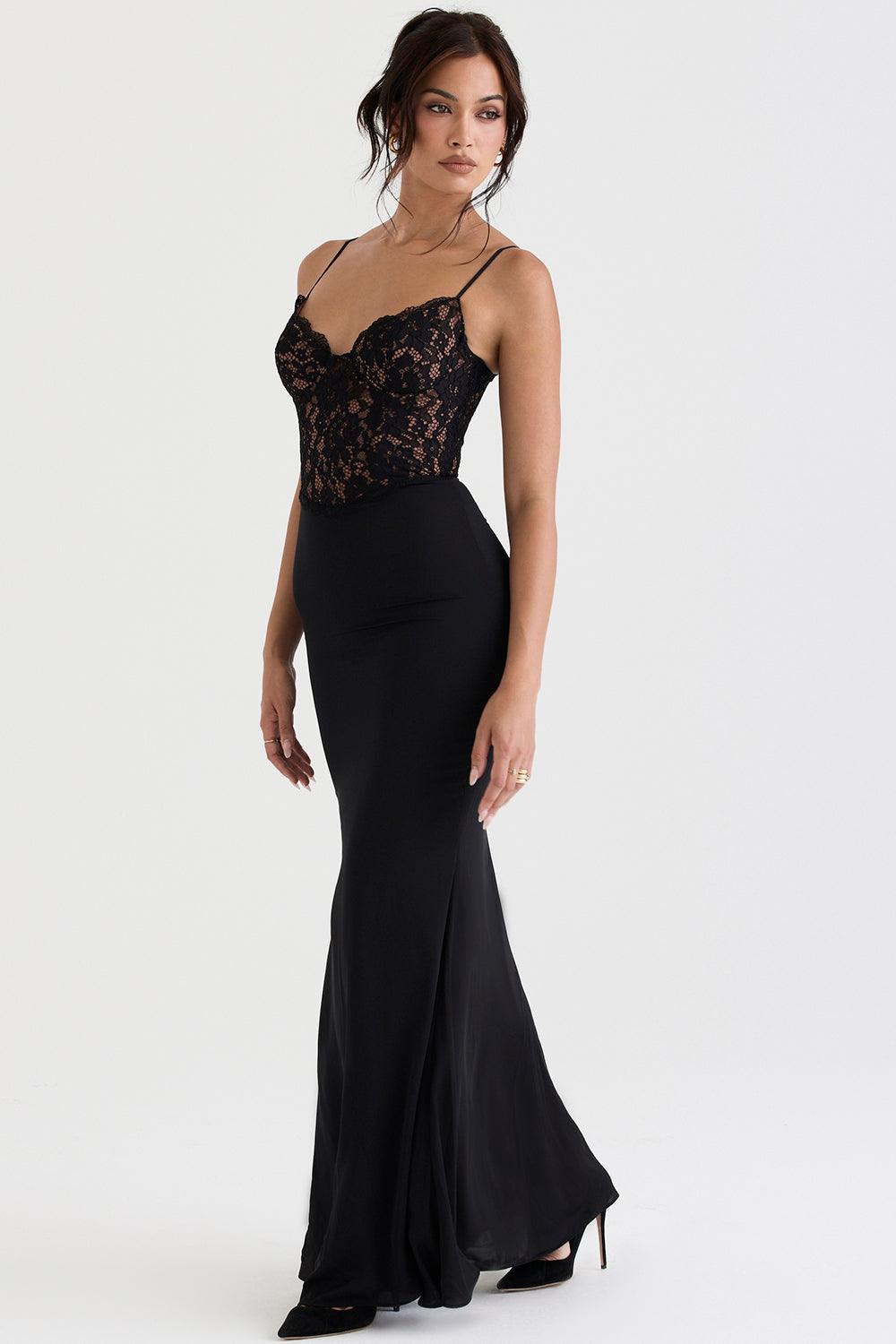 Damen-Abendkleid bodenlang mit Spitzenoberteil und Spaghettiträgern
