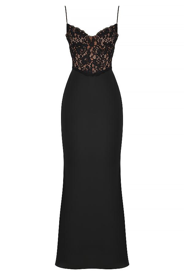 Damen-Abendkleid bodenlang mit Spitzenoberteil und Spaghettiträgern