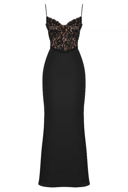 Damen-Abendkleid bodenlang mit Spitzenoberteil und Spaghettiträgern