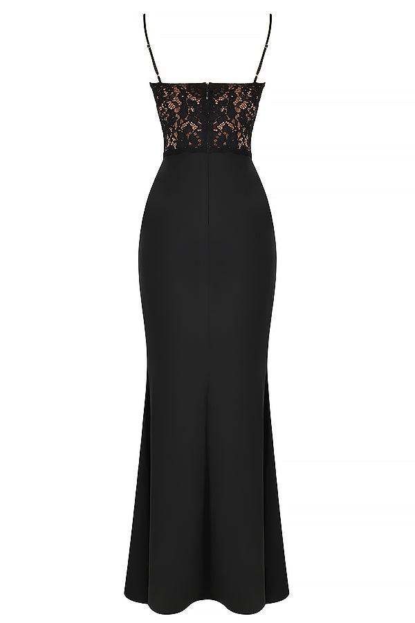 Damen-Abendkleid bodenlang mit Spitzenoberteil und Spaghettiträgern
