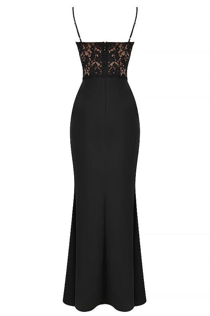Damen-Abendkleid bodenlang mit Spitzenoberteil und Spaghettiträgern