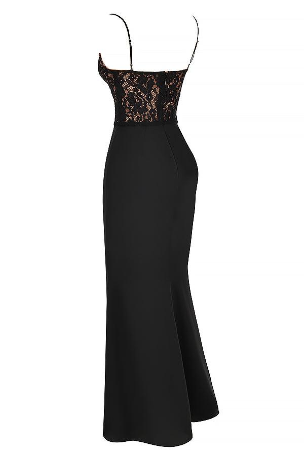 Damen-Abendkleid bodenlang mit Spitzenoberteil und Spaghettiträgern