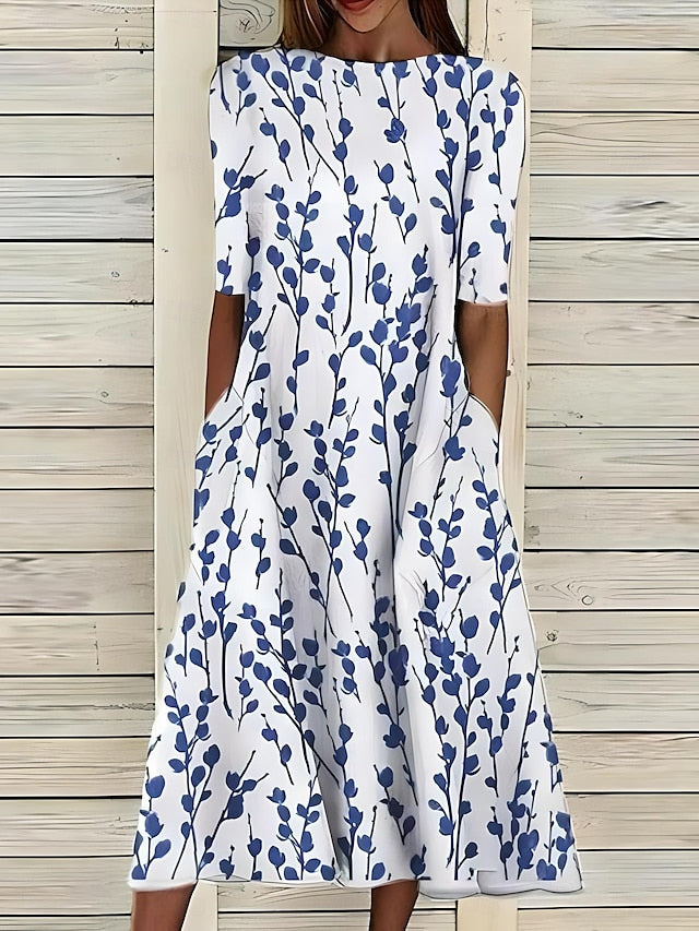 Women's Midi Dress with Floral Print in A-Line, Round Neckline, Short Sleeves with Side Pockets