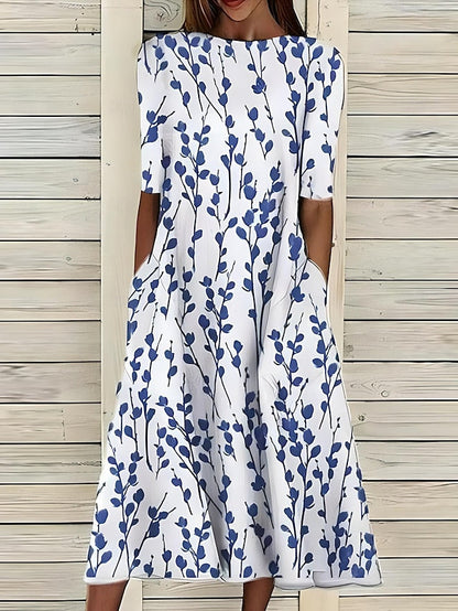 Women's Midi Dress with Floral Print in A-Line, Round Neckline, Short Sleeves with Side Pockets