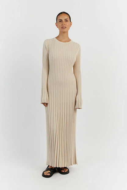 Damen-Maxikleid bodenlang mit vertikalen Linien und schmaler Silhouette