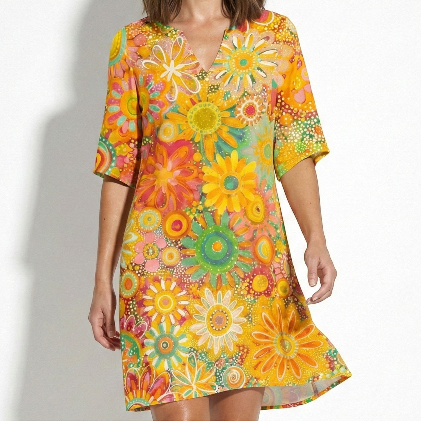 Women's mini dress with V-neck and floral pattern